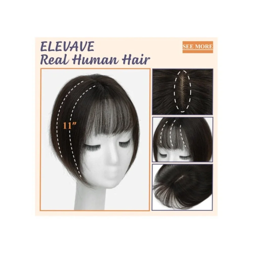 Brunette Human Hair Topper with Bangs‎ Bionic Base, Clip In - 12